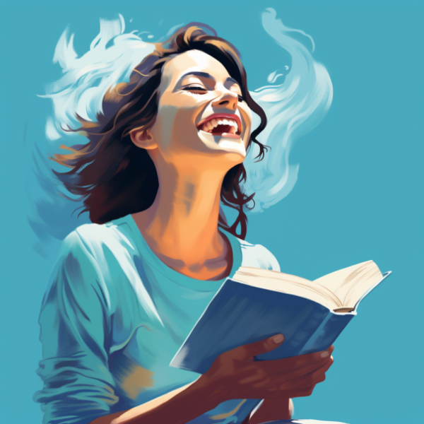 cartoon image of laughing woman reading a book